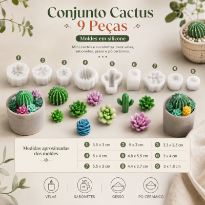 Conjunto Cactus 9 Peças de moldes em silicone para mini cactos e suculentas