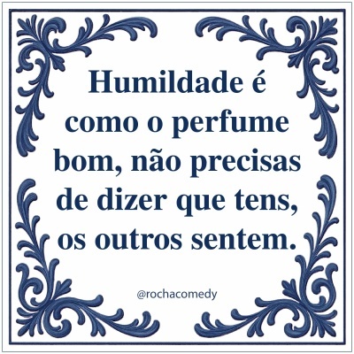 Azulejo decorativo branco com texto e ornamentos azuis nos cantos