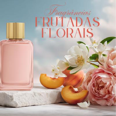Frasco de perfume rosa com flores e pêssegos ao lado e texto promocional no fundo
