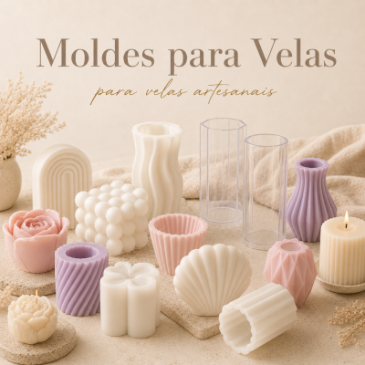 Moldes transparentes e velas artesanais coloridas com várias formas e texturas sobre superfícies neutras