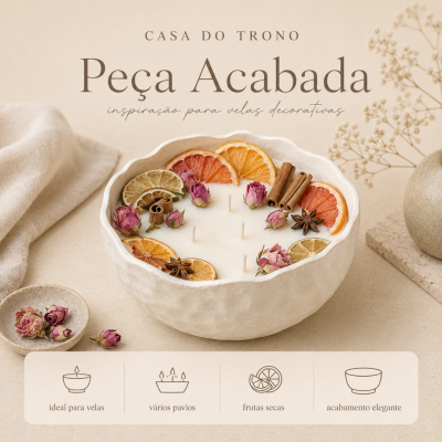 Vela decorativa em ceramics branca com frutas secas e flores