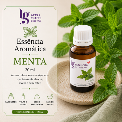 Frasco de essência aromática de menta com folhas de menta ao fundo