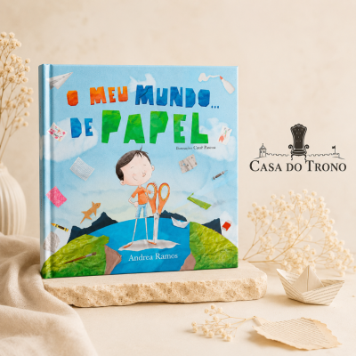 Capa de livro infantil O MEU MUNDO DE PAPEL com ilustração de menino e papéis coloridos
