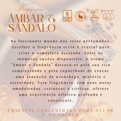 Texto sobre fragrância âmbar e sândalo para velas, com ícones de paraben free, cruelty free, 100% vegan e concentrado sobre fundo com especiarias