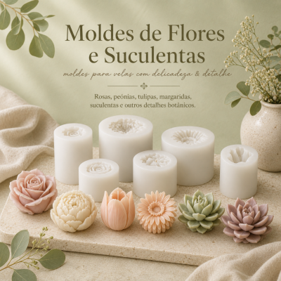 Moldes de silicone para velas em forma de flores e suculentas com flores de cera coloridas exibidas.