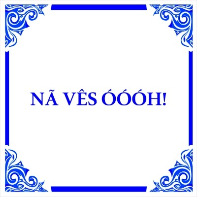 Azulejo branco com padrões azuis e texto em azul no centro