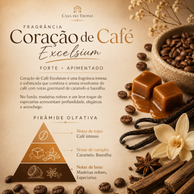 Fragrância Coração de Café Excelsium Casa do Trono com elementos de café, caramelo, baunilha e especiarias