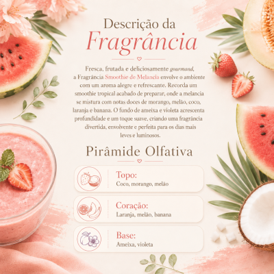 Descrição da fragrância Smoothie de Melancia com notas olfativas e frutas naturais ao redor.