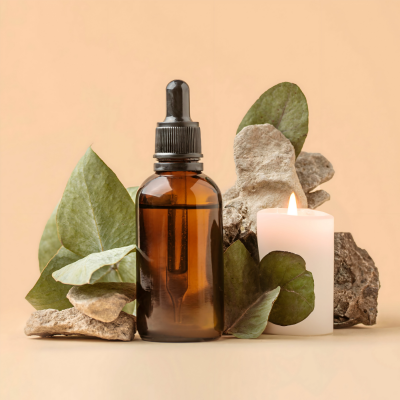 Frasco de vidro âmbar com conta-gotas, folhas verdes, pedras claras e vela branca acesa