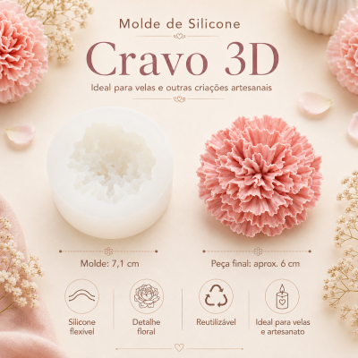 Molde de silicone branco com forma floral e peça final rosa detalhada em fundo claro