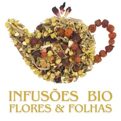 Infusão de chá em forma de bule feita de flores e folhas secas com texto 'INFUSÕES BIO FLORES & FOLHAS'