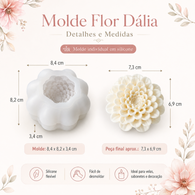 molde individual em silicone para flor dália com medidas, texto e design floral decorativo