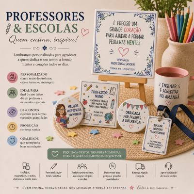 Lembranças personalizadas para professores com azulejo, botão, caneca e crachá coloridos com textos de agradecimento e decoração infantil