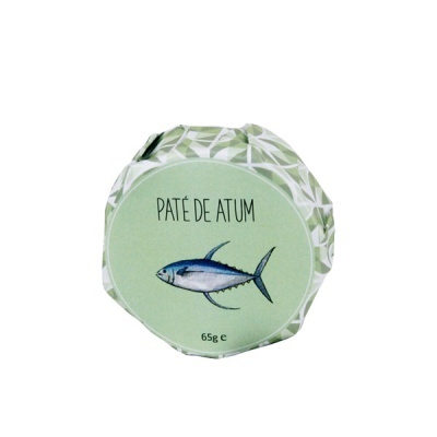 Frasco pequeno de paté de atum com etiqueta verde e imagem de peixe