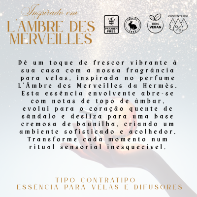 Texto promocional de essência para velas inspirado no perfume L'Âmbre des Merveilles da Hermès com ícones de características do produto
