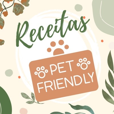 Design gráfico com texto 'Receitas' e 'PET FRIENDLY' com padrão de folhas decorativas