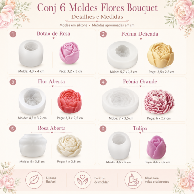 Conjunto de 6 moldes em silicone para flores bouquet com medidas e exemplos coloridos, texto em português.