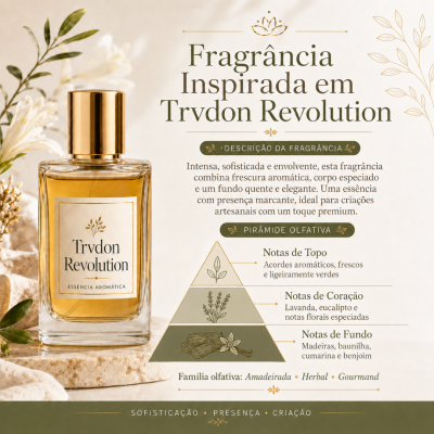 Frasco de perfume âmbar com tampa dourada e descrição da fragrância Trvdon Revolution em fundo claro decorado