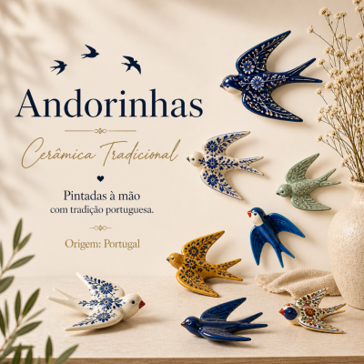 Andorinhas decorativas em cerâmica tradicional pintadas à mão com padrões florais