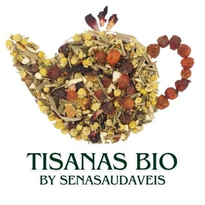 Mistura de ervas secas em forma de bule de chá com texto TISANAS BIO BY SENASAUDAVEIS