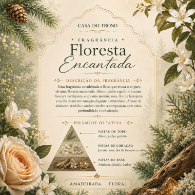 Descrição da fragrância Floresta Encantada com elementos naturais em fundo bege