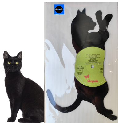 Suporte de prateleira em forma de gato preto com etiqueta Chrysalis junto a gato preto real