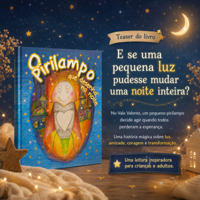 Livro infantil Pirilampo que desenha na noite com decoração de estrelas e luzes