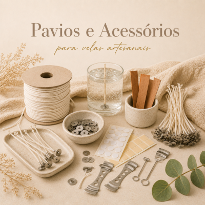 Conjunto de pavios e acessórios para velas artesanais com fundo em tons de bege