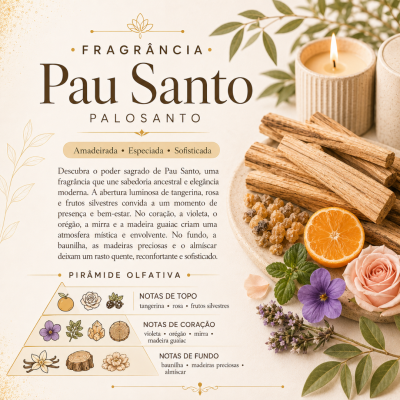 Fragrância Pau Santo com paus de madeira, vela acesa, flores, tangerina e folhas verdes