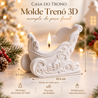 Molde trenó 3D branco decorativo com vela acesa em ambiente de Natal