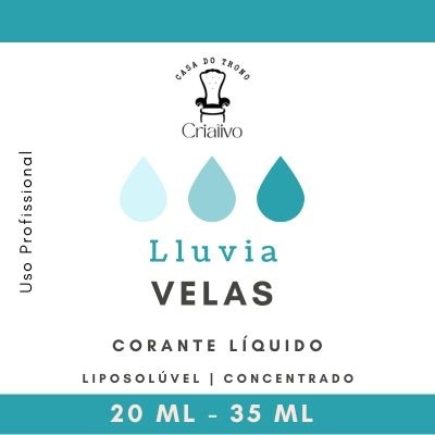 Rótulo de corante líquido Lluvia Velas da Casa do Trosa Crialivo em azul e branco