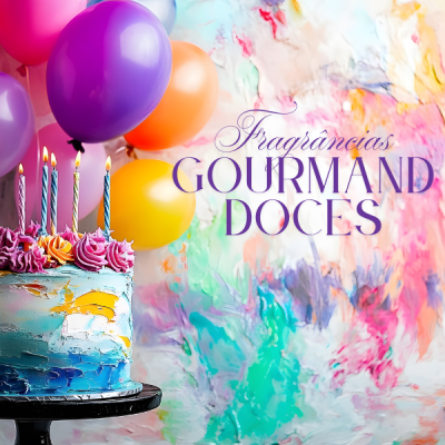 Bolo colorido com velas e balões em fundo artístico com texto promocional.