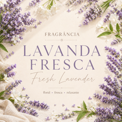 Flores de lavanda e brancas com texto sobre fragrância lavanda fresca