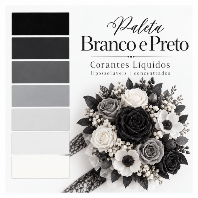 Paleta de corantes líquidos branco e preto com amostras de cor e arranjo floral em tons correspondentes