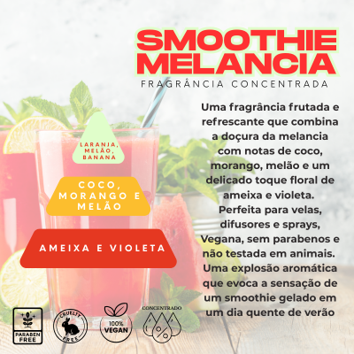 Rótulo de fragrância concentrada Smoothie Melancia com descrição em português sobre aroma e ícones de vegan e cruelty-free com copos de smoothie ao fundo