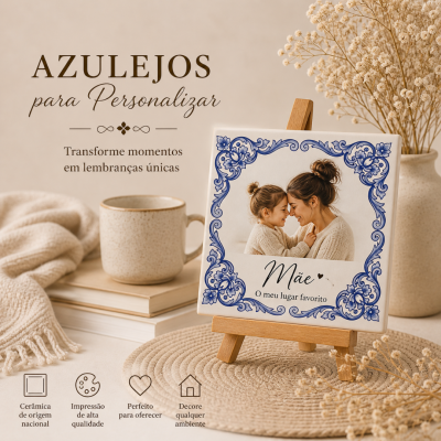 Azulejo decorativo personalizado com moldura azul e foto de mãe com filha em suporte de madeira rodeado de elementos decorativos neutros