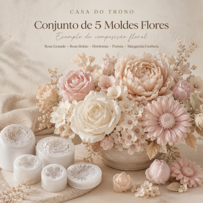 Conjunto de 5 moldes de silicone para flores com arranjo floral pastel.