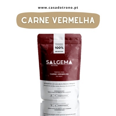 Embalagem de tempero para carne vermelha SALGEMA, bordô e branco