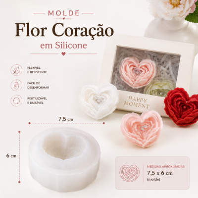 Molde de silicone para flor coração, flores rosa, branco e vermelho e texto Happy Moment