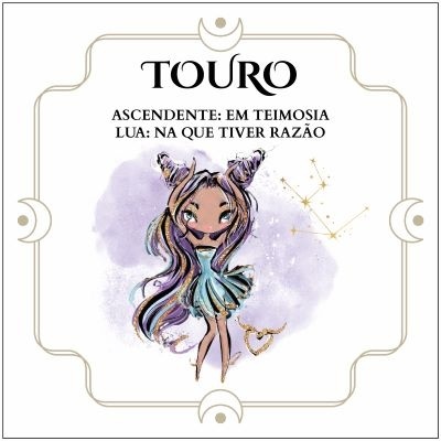 Ilustração de personagem feminina com texto do signo Touro em fundo branco e lilás.