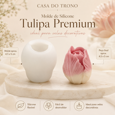 Molde de silicone branco e vela tulipa rosa em base creme com texto CASA DO TRONO