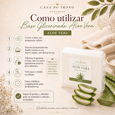 Base glicerinada para sabonetes Zenisoap Aloe Vera em bloco embalado ao lado de folhas de aloe vera cortadas