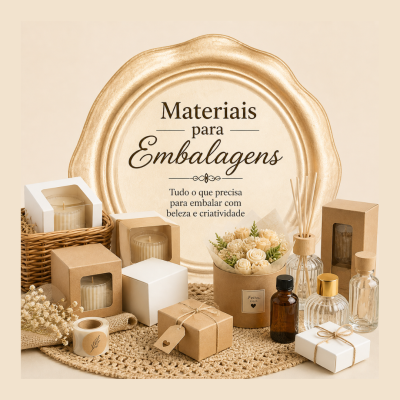 Produtos para embalagens incluindo caixas de papel, velas em vidro, flores artificiais e frascos, apresentados sobre uma estera têxtil