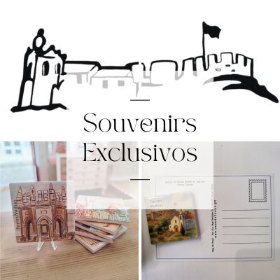 Cartazes e postais de souvenirs com desenhos de castelo e arquitetura, com texto Souvenirs Exclusivos.