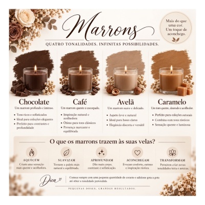 Quatro velas castanhas em copos de vidro com flores secas e elementos decorativos ao redor, com texto explicativo em português.