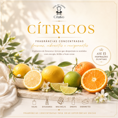Frutos cítricos frescos e texto promocional de fragrâncias concentradas cítricas