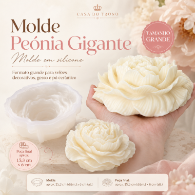 Molde e peça final de silicone em forma de peónia gigante creme, texto em português