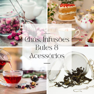 Colagem com chá, bolos, bules de porcelana e acessórios de infusão