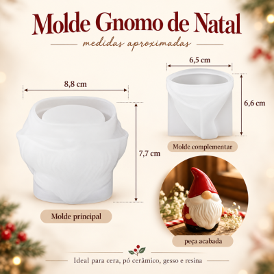 Moldes de silicone brancos para gnomo de Natal com medidas e foto da peça acabada