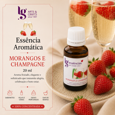 Frasco de essência aromática Morangos e Champagne com morangos frescos e taças de champanhe